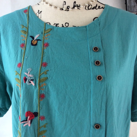 Teal Boho Floral Embroidered Short Sleeve Top XL - Picture 4 of 12